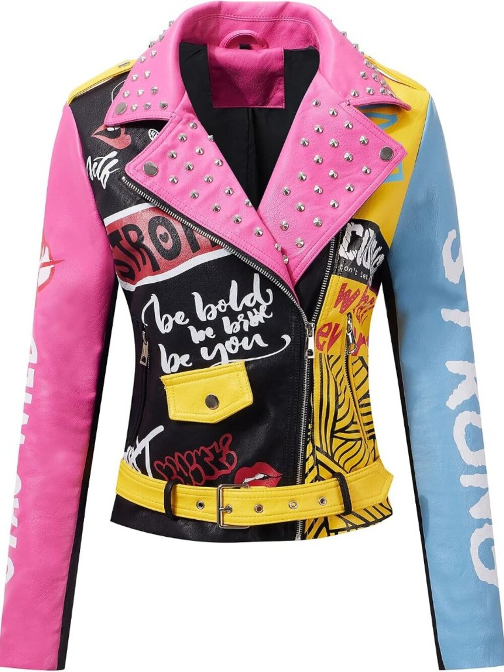 Women Faux Leather Jacket Studded Rivet Spring Fall Fashion, Hip-Length Moto Bik